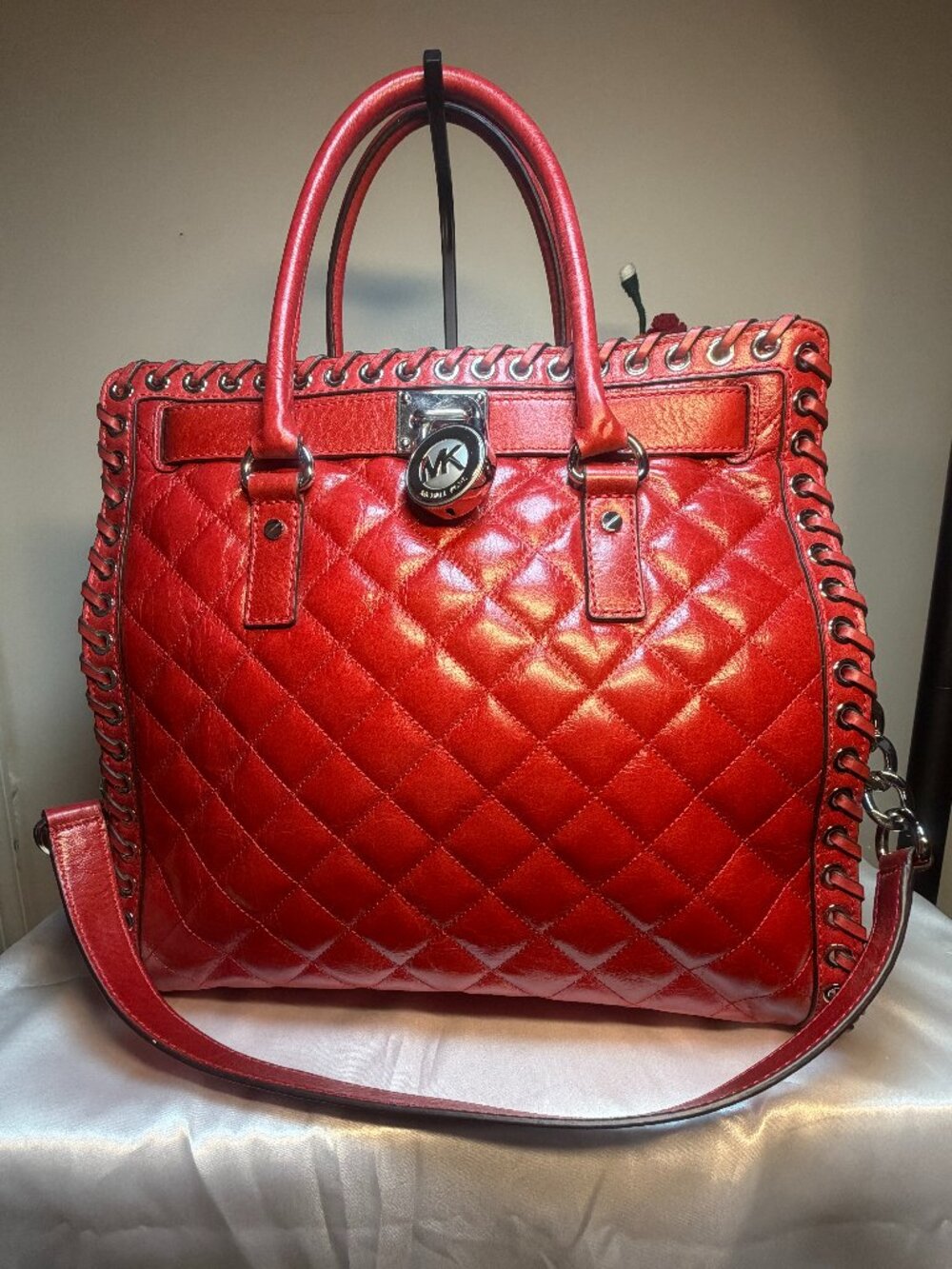 Michael Kors Red Hamilton Hippie Grommet Quilted Leather Tote  NWT